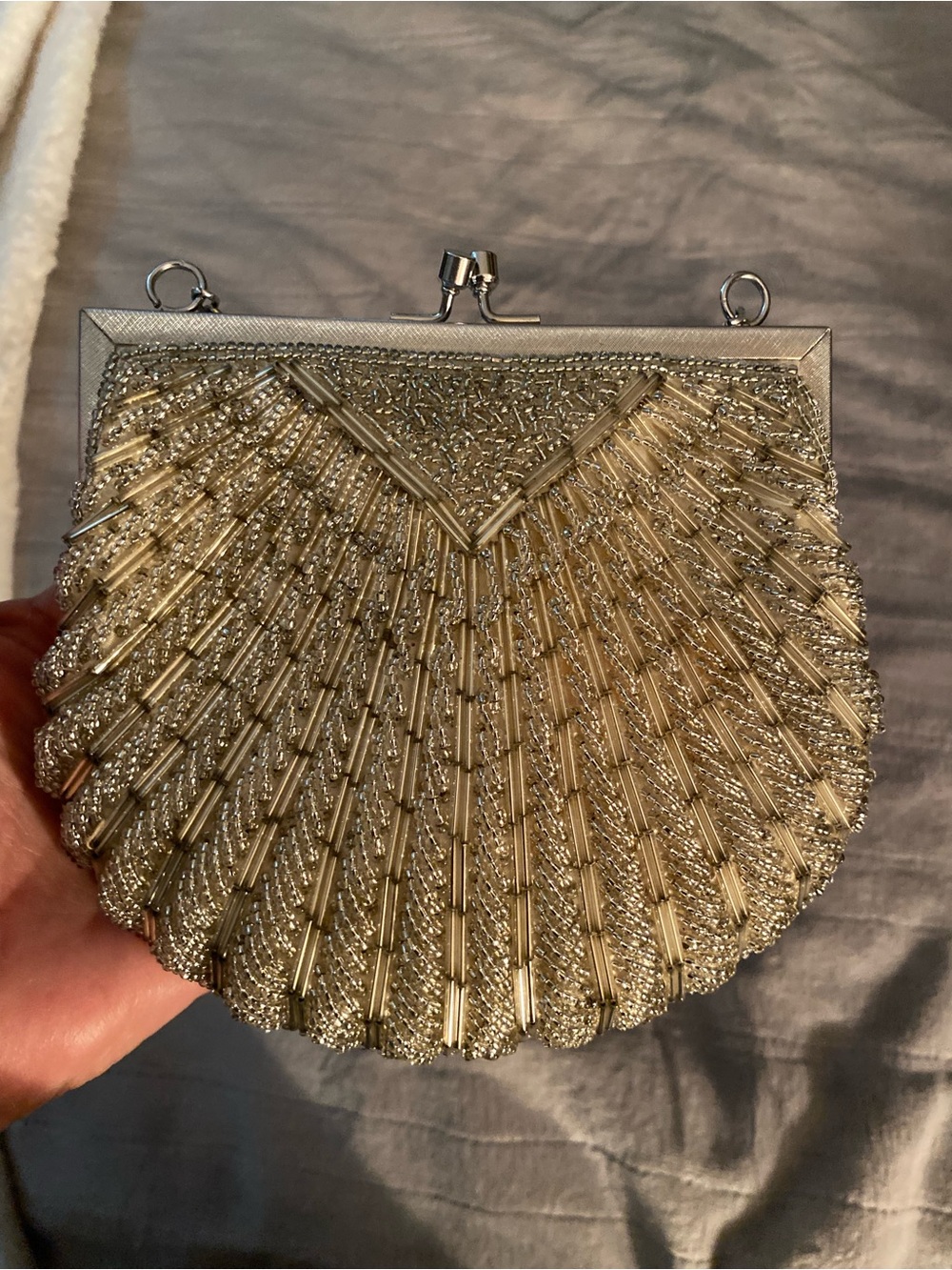 Elegant Silver Beaded Evening Clutch